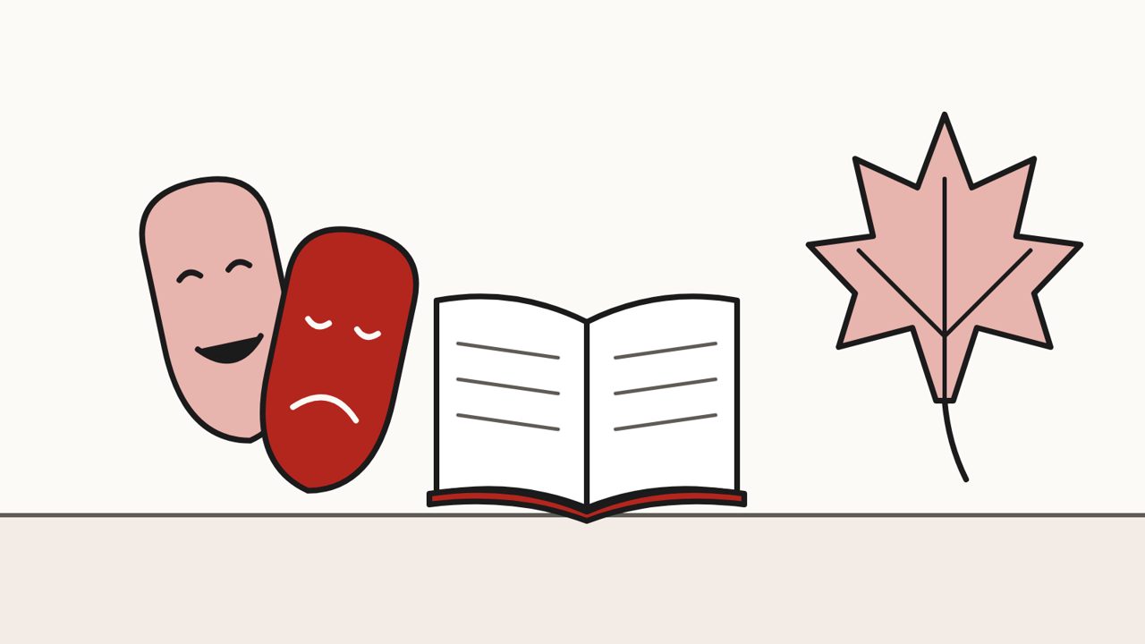 Рисунок: театральные маски, открытая книга и кленовый лист — спектакль в библиотеке и музейные занятия на осенних каникулах